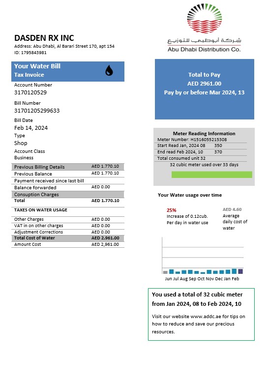 United Arab Emirates Abu Dhabi Distribution water business utility bill template in Word and PDF formats